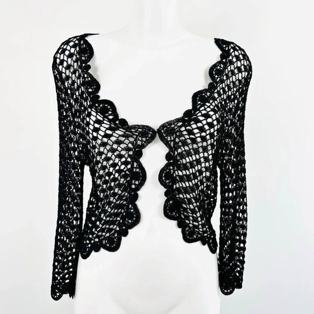 Vintage 90s Y2k Crochet Knit Shrug cropped Cardigan UK 10 12 Black Gothic Witch - Picture 3 of 8